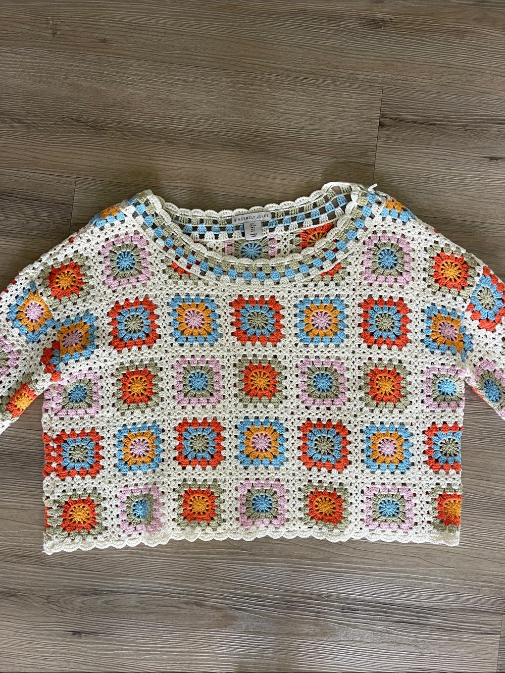 Crochet Floral Square Top - Cream with Multicolor Accents